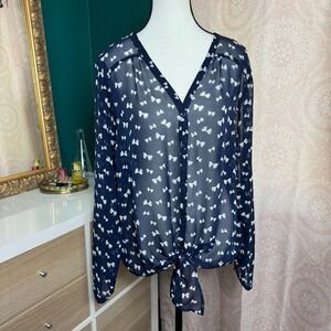 The Limited Navy Bow Print Blouse Sheer Button Down Size Large
